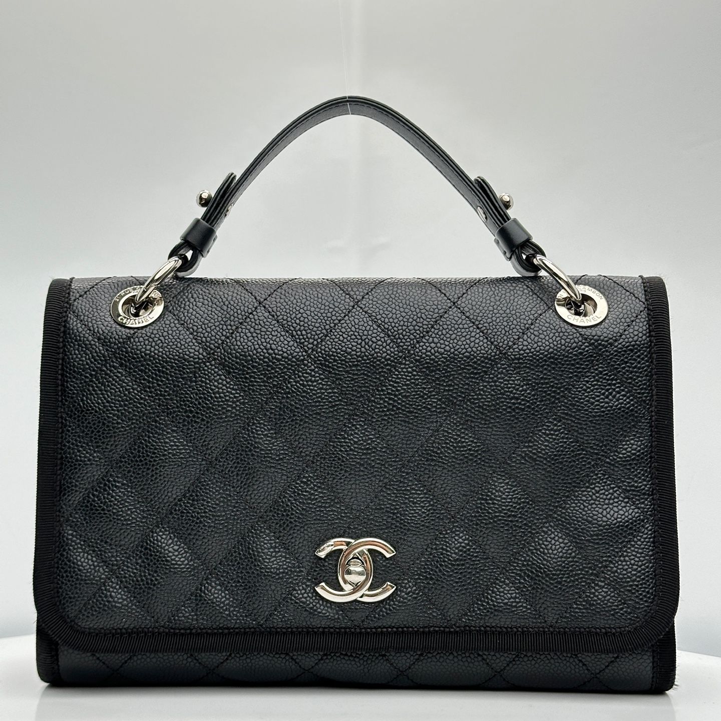 CHANEL Season Flap Bag Top Handle Black Silver Tone 25
