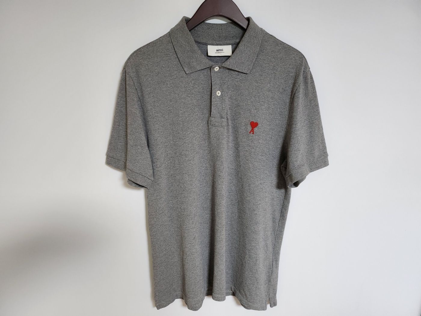 AMI Gray Small Heart Embroidery Short Sleeve Polo E21HJ207