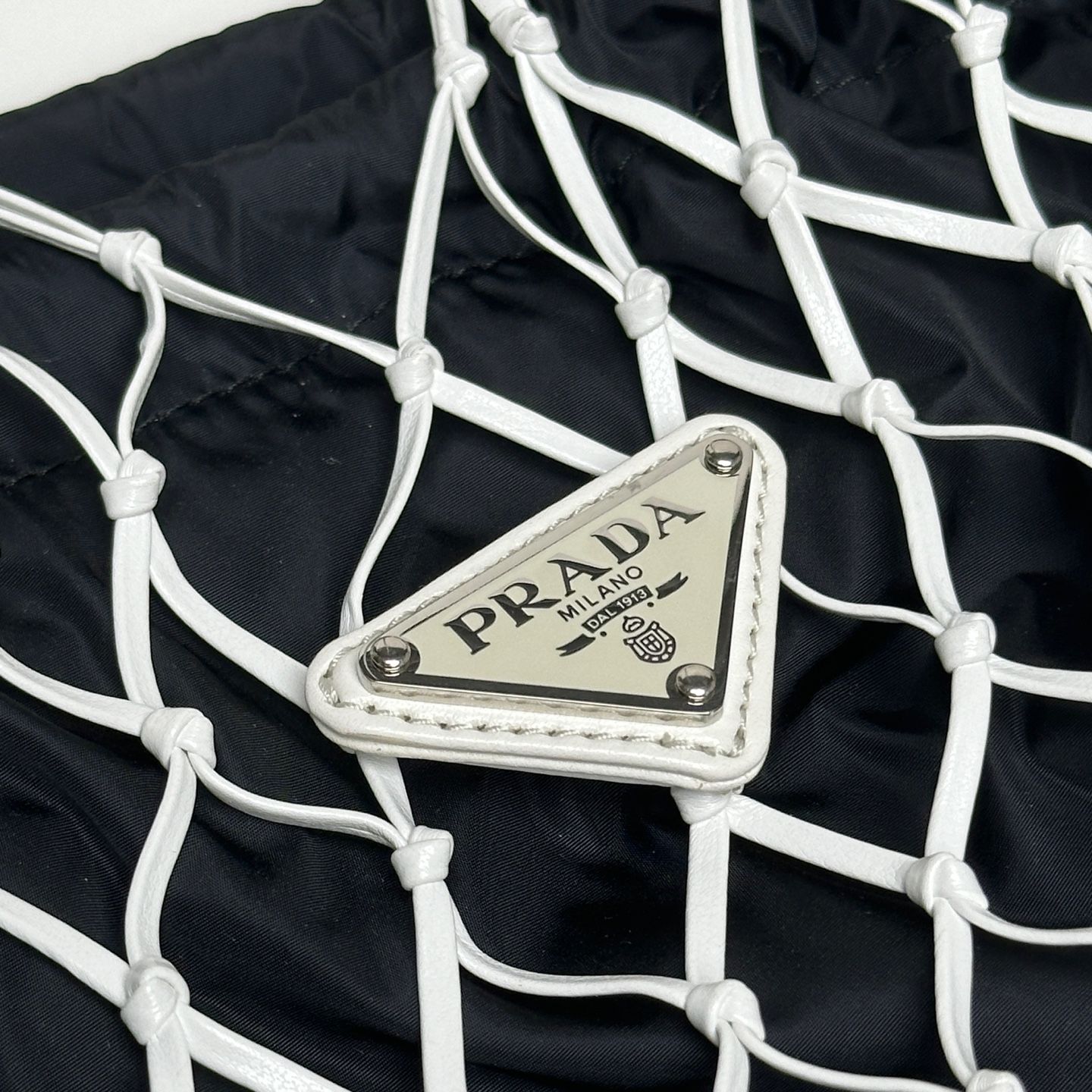 Prada Nylon Mesh Hobo Bucket Bag with Leather Trimming White