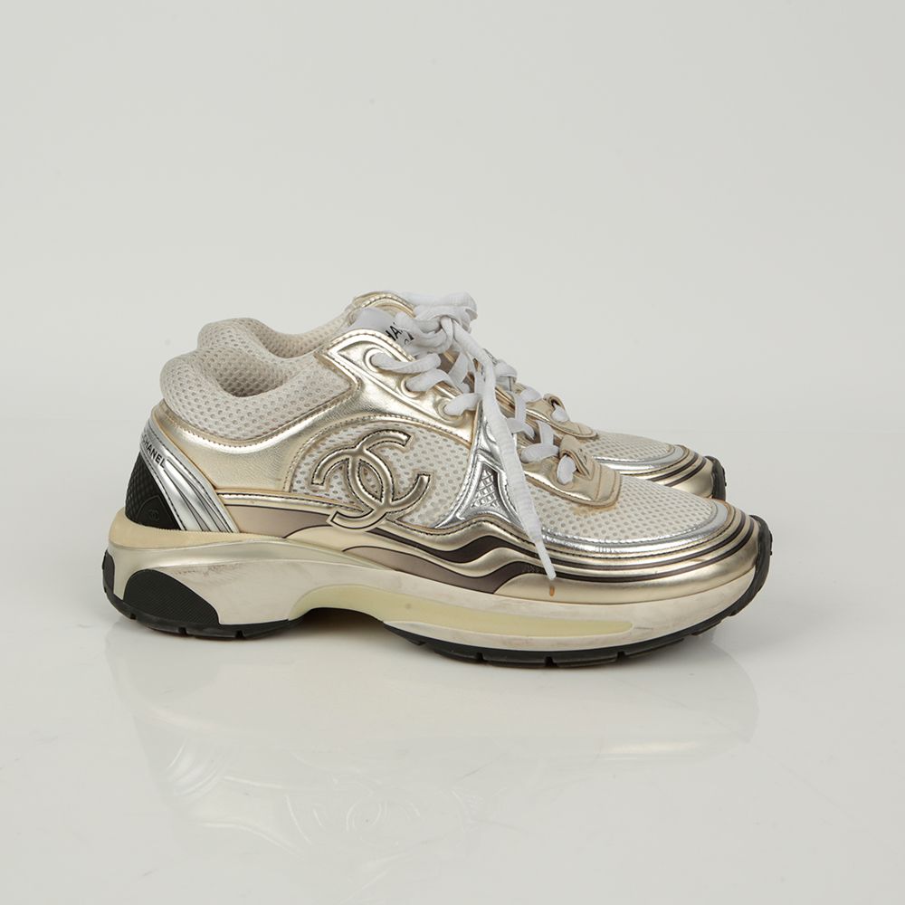 CHANEL CC Cruise Sneakers White/Gold/Silver Size 36.5 G39792