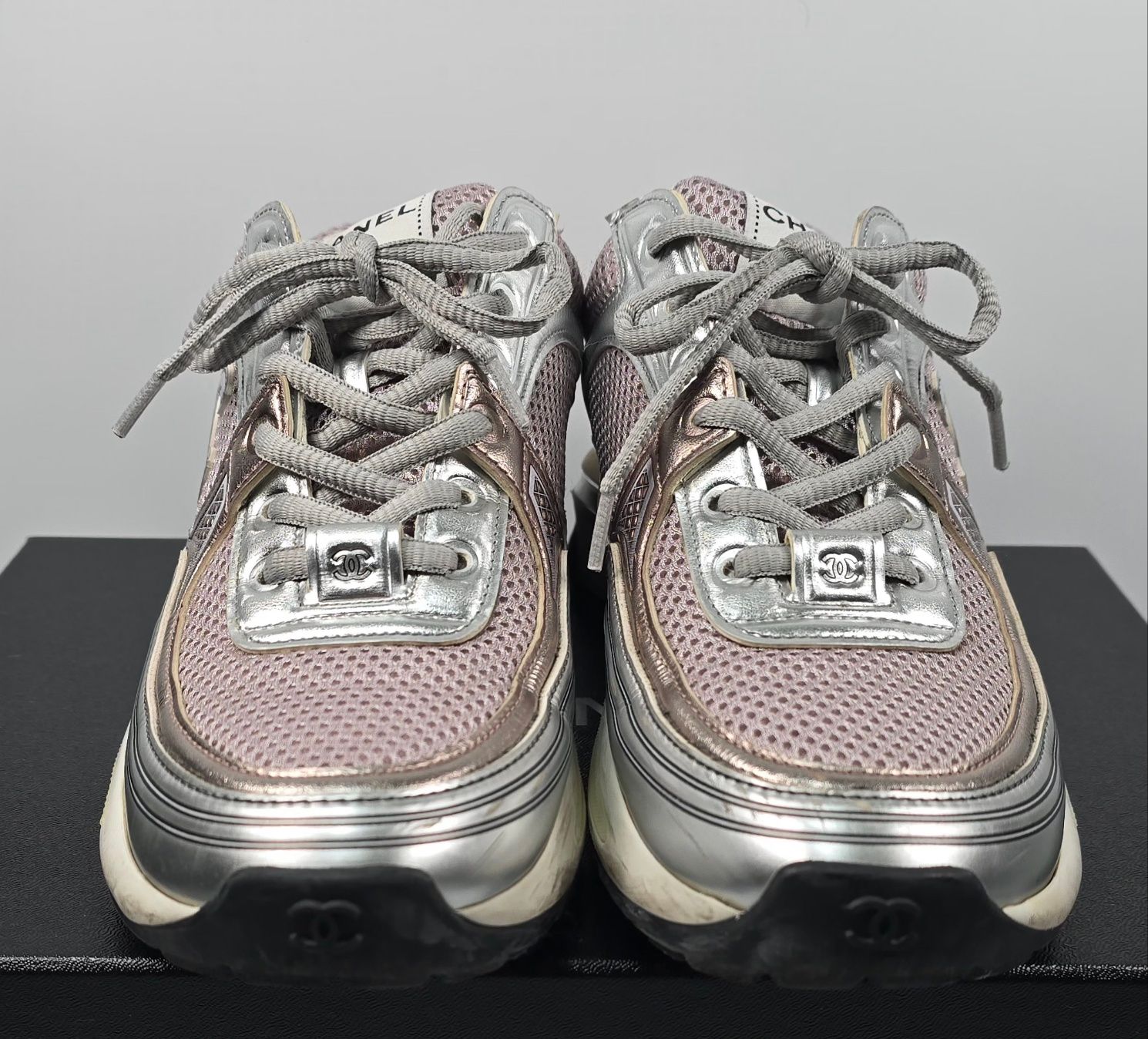 CHANEL Sneakers Fabric Laminated & Pink Silver 250 120697546 CHANEL Sneakers Fabric Laminated & Pink Silver 250 120697546