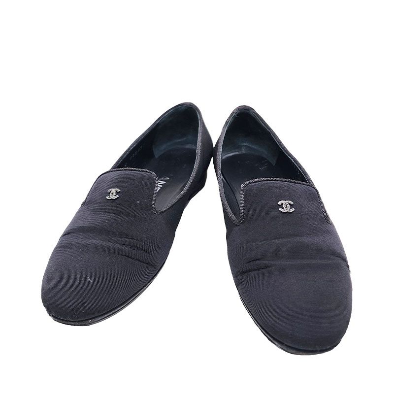 CHANEL Black Fabric CC Logo Women's Loafers G30637 35.5