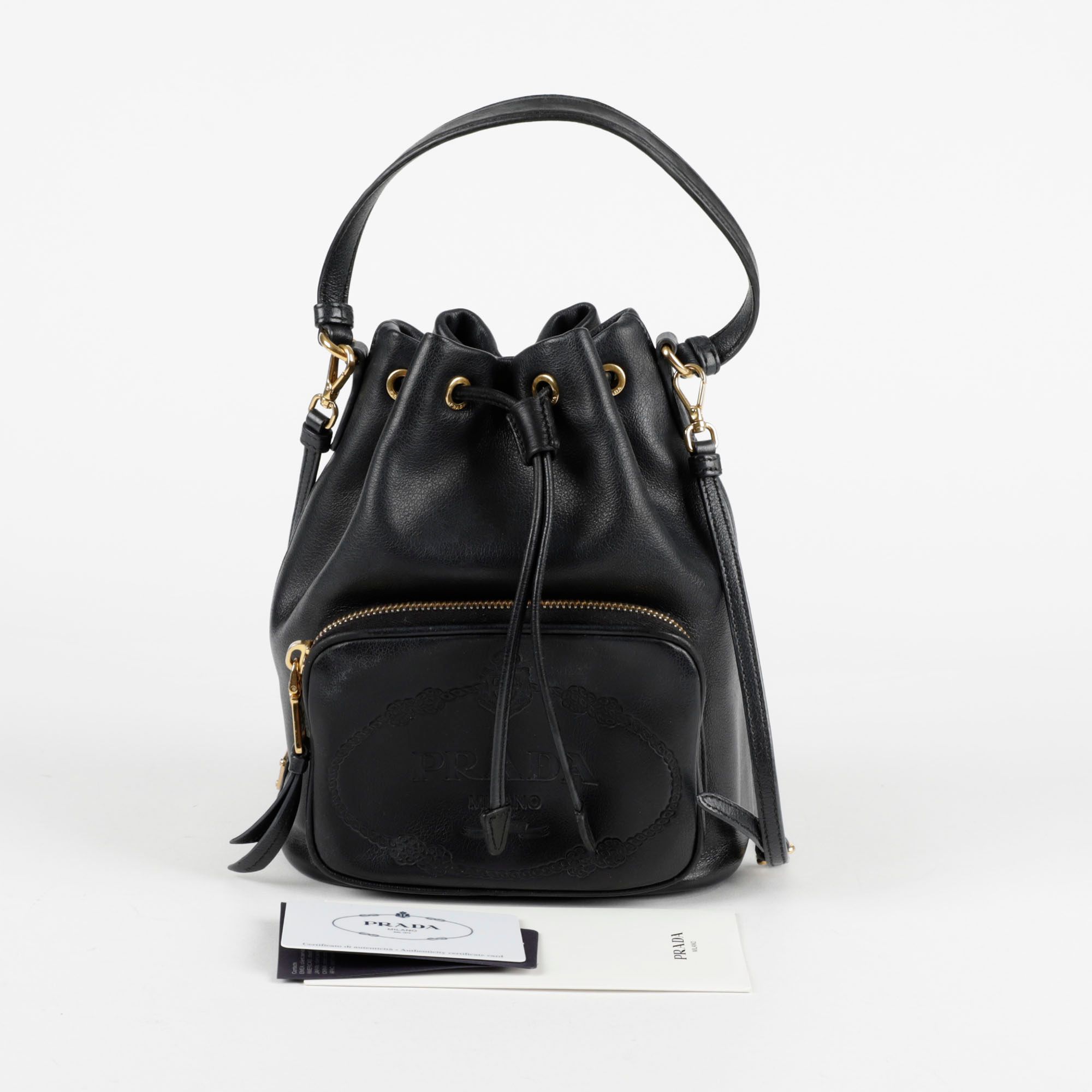PRADA｜TOTEBAGS (1BH038 2DNT F0002) Black Prada Duet naplak patent leather bucket bag | PRADA