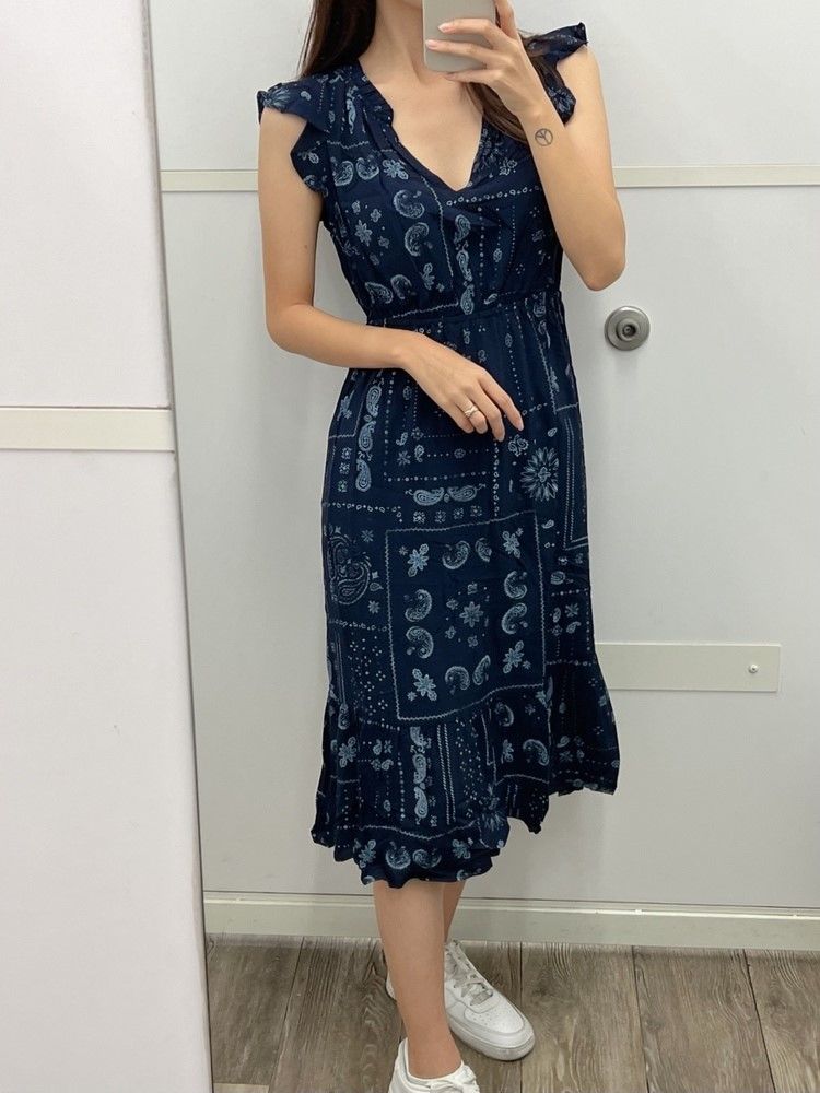 여성 반다나 프린트 티어드 플러터 미디 원피스 6973475284
