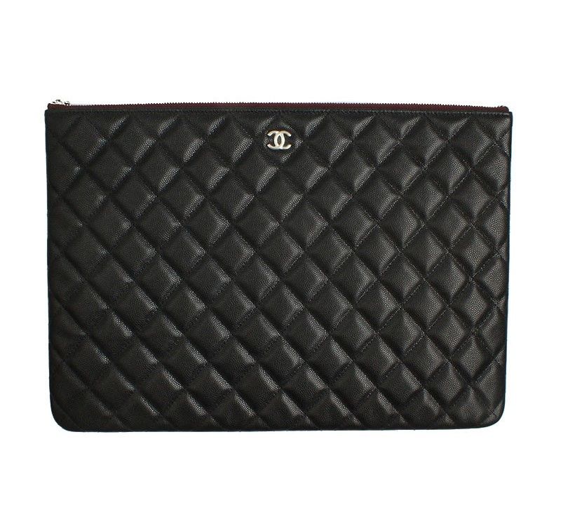 CHANEL Black Quilted Silver CC Large Clutch 31 Series