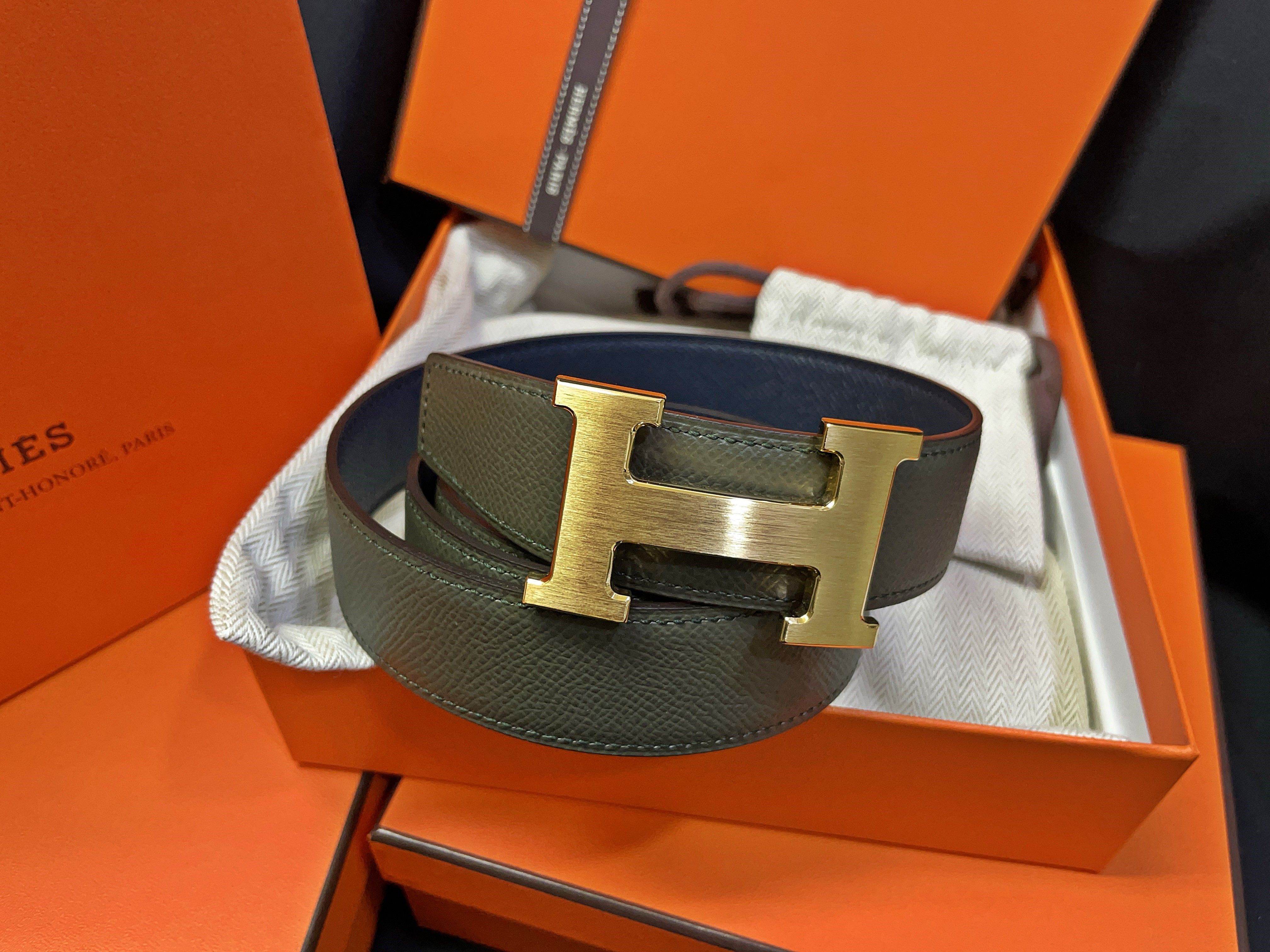 Hermes Matte Gold Classic Khaki Navy Reversible Belt  display picture 3