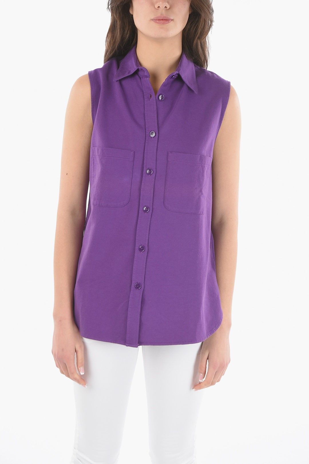 코튼 민소매 맥시 셔츠 더블 포켓 Cotton Sleeveless Maxi Shirt with Double Breast Pockets 466153