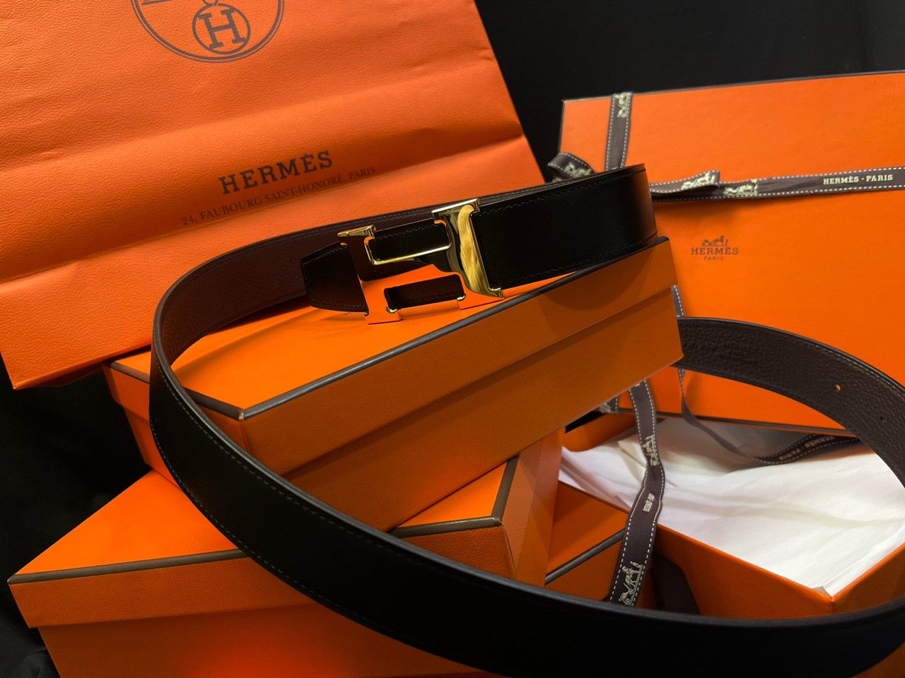Hermes H Classic Shiny Gold Buckle Black Chocolate 