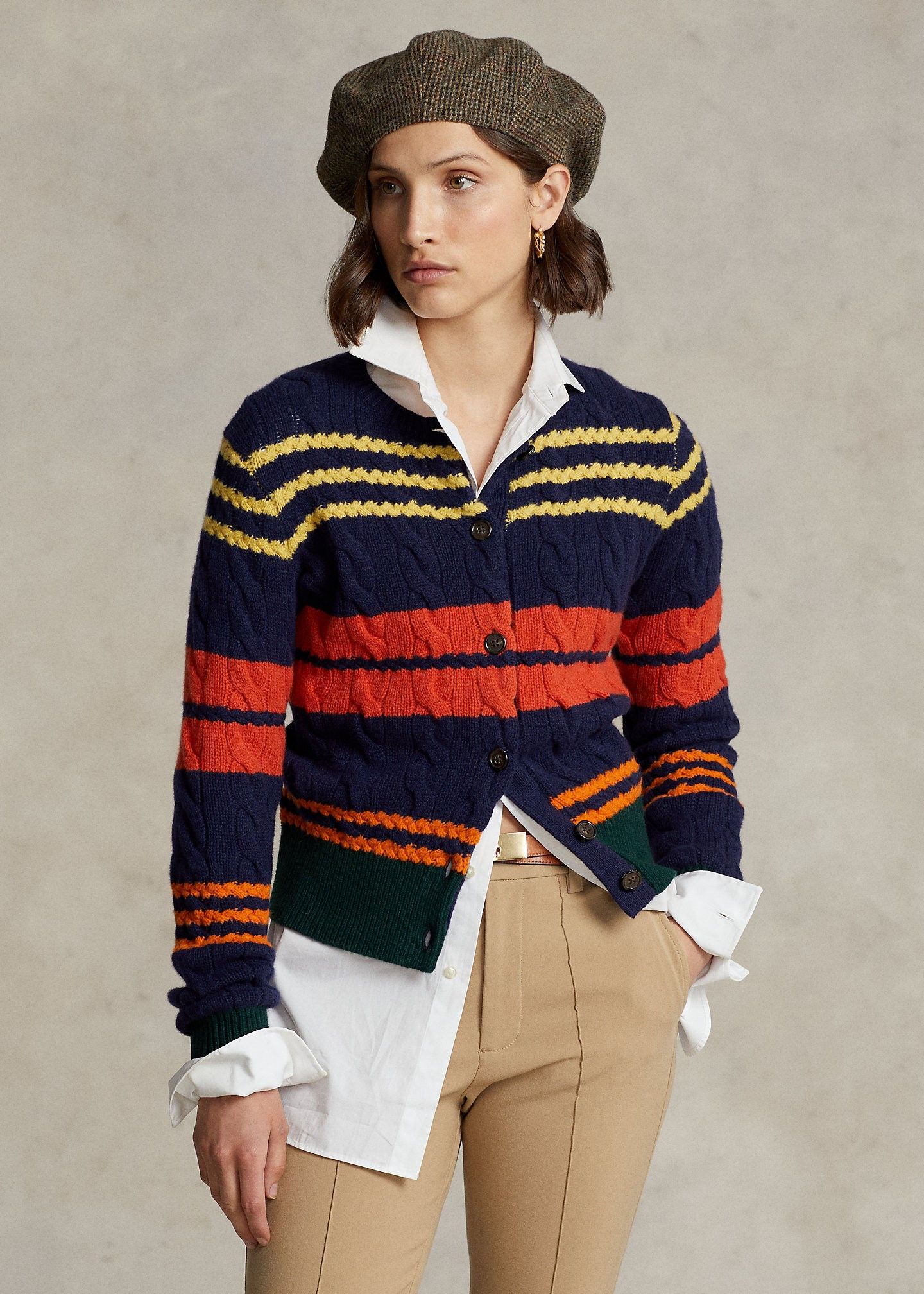 스트라이프 케이블 울 캐시미어 가디건 헌터 네이비 멀티 Striped Cable Wool-Cashmere Cardigan Hunter Navy Multi 626916 Hunter Navy Multi