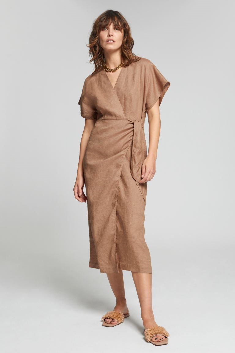 linen wrap midi dress