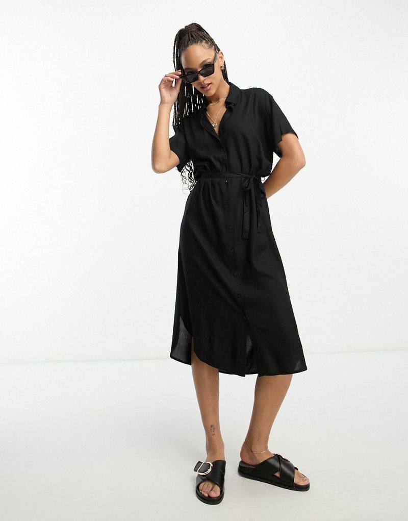 블랙 Midi-Hemdblusenkleid in Schwarz mit Bindegurtel 204532346SCHWARZ