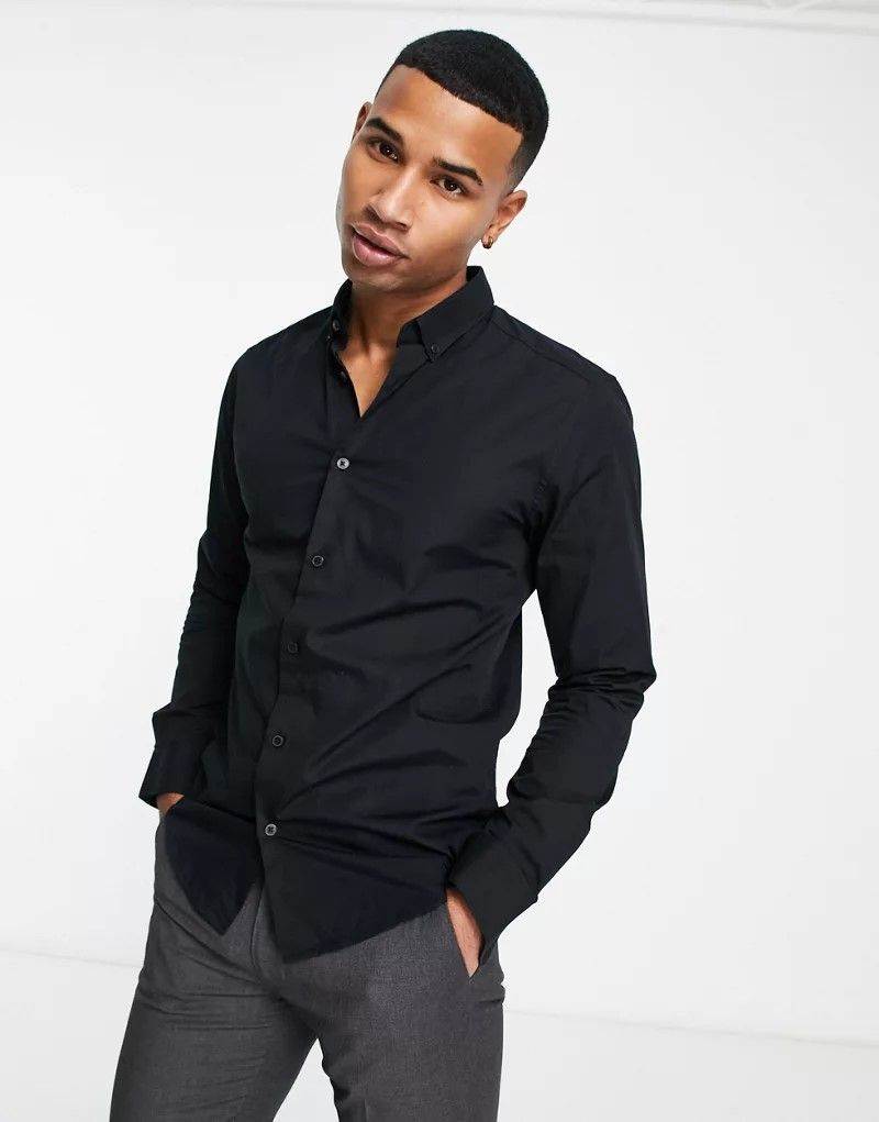블랙 Only & Sons   Schmales Popelin-Hemd in Schwarz mit Stretchanteil 202967331Schwarz