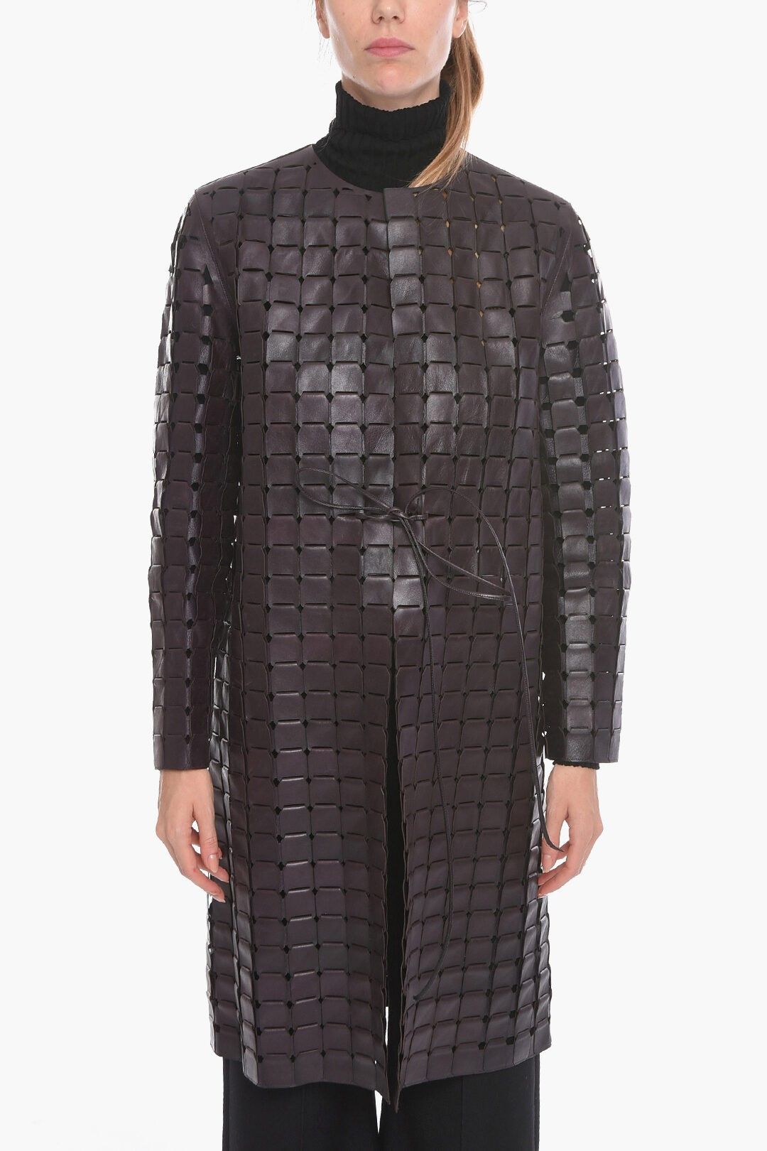 니트 가죽 코트 드로우스트링 Knitted Leather SATINE Coat with Drawstring 534082
