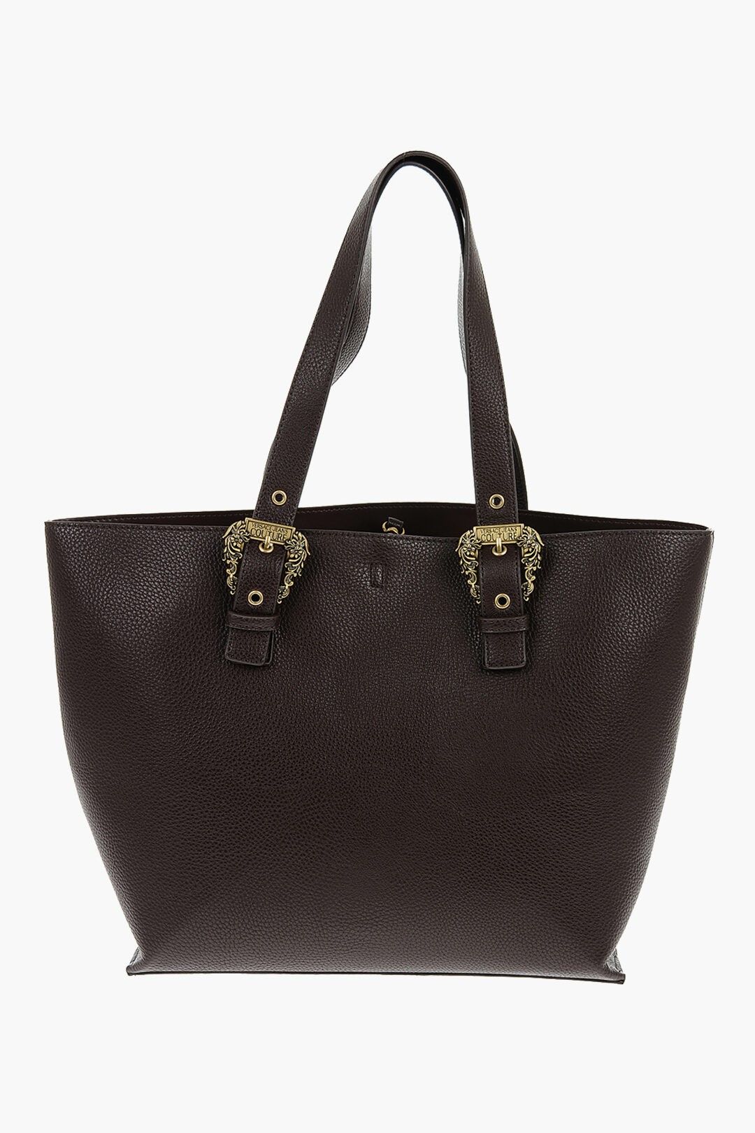 데님 꾸뛰르 텍스쳐드 포우 가죽 토트 가방 골든 버클 JEANS COUTURE Textured Faux Leather Tote Bag with Golden Buckles 537725