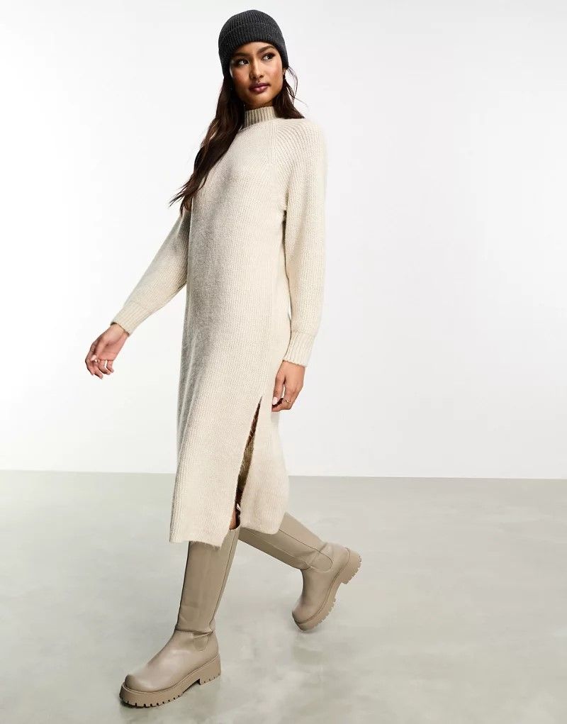 크림 Only   Maxi-Pulloverkleid in Creme mit hohem Ausschnitt 205102694Creme