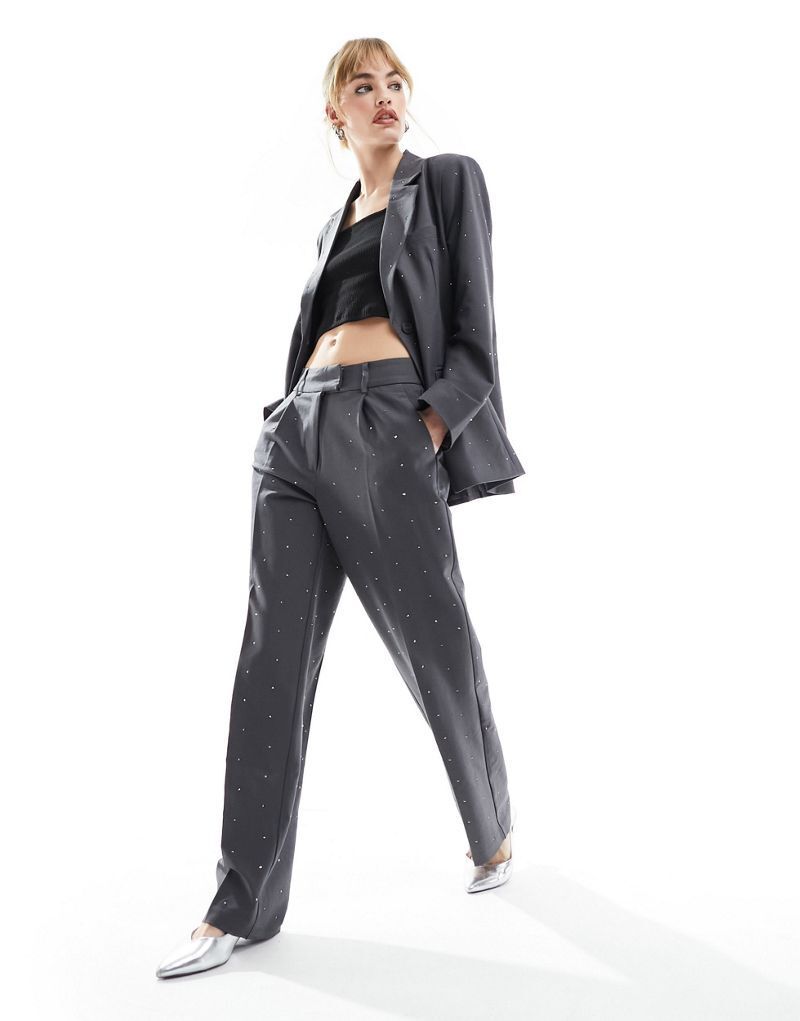 바지 다크그레이 & Only   Elegante Hose in Dunkelgrau mit geradem Schnitt und Strassverzierung, Kombiteil 205352898Dunkelgrau