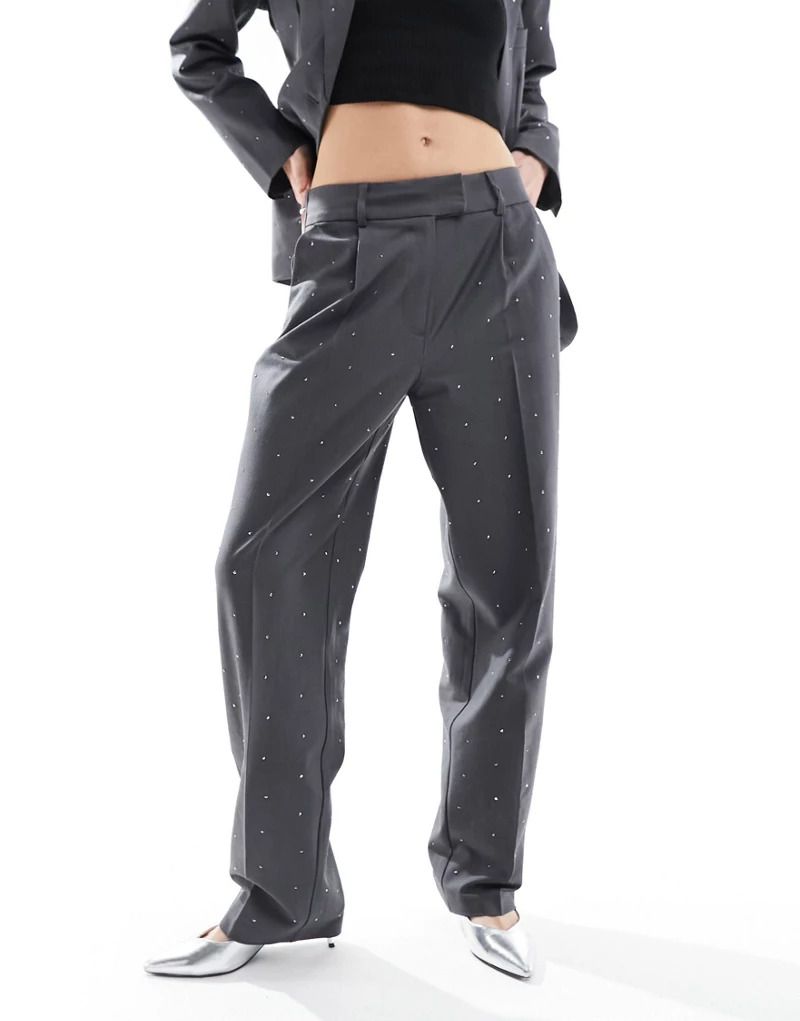 바지 다크그레이 & Only   Elegante Hose in Dunkelgrau mit geradem Schnitt und Strassverzierung, Kombiteil 205352898Dunkelgrau
