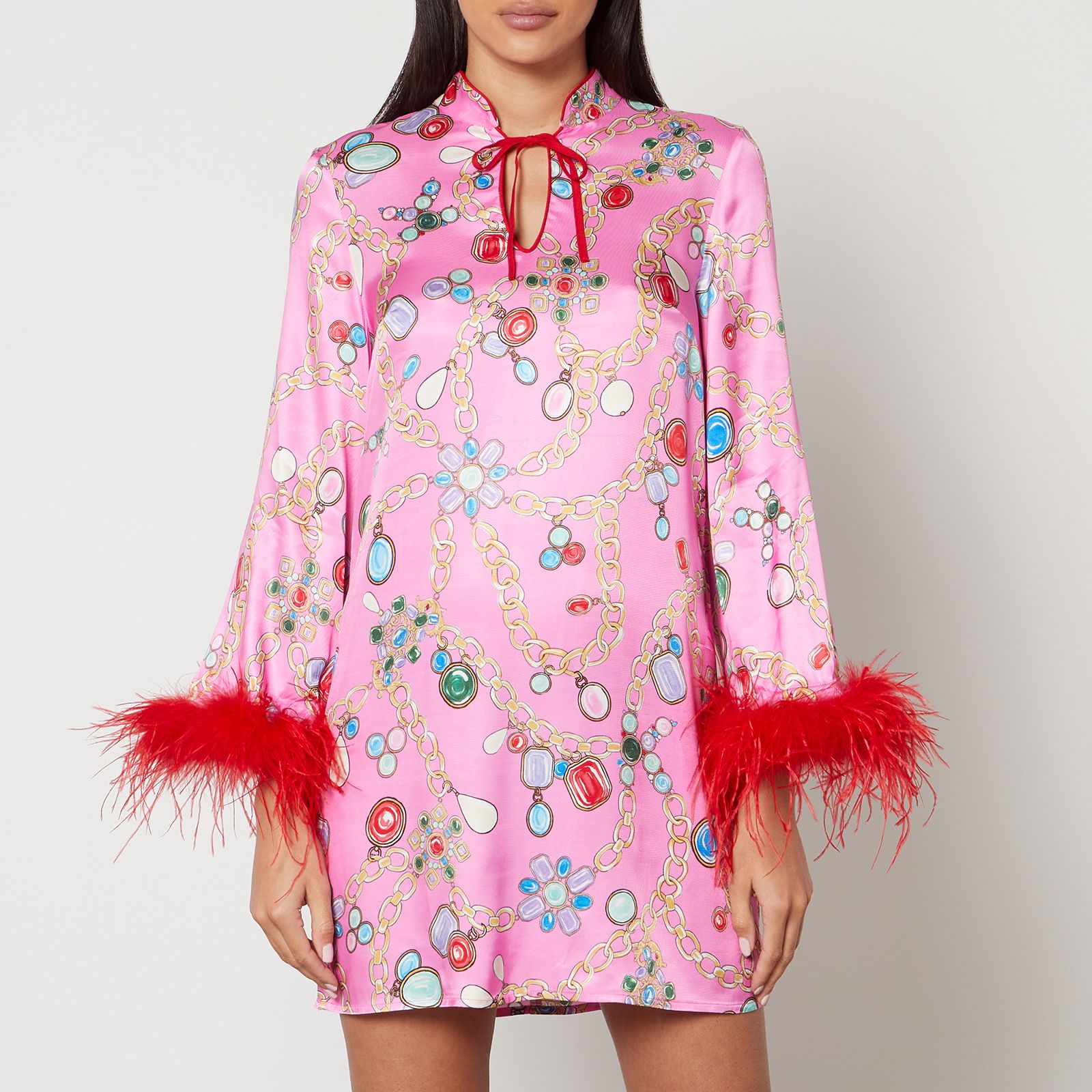 프린팅 새틴 미니 드레스 Kitri Carlotta Printed Feather-Trimmed Satin Mini Dress 14855843