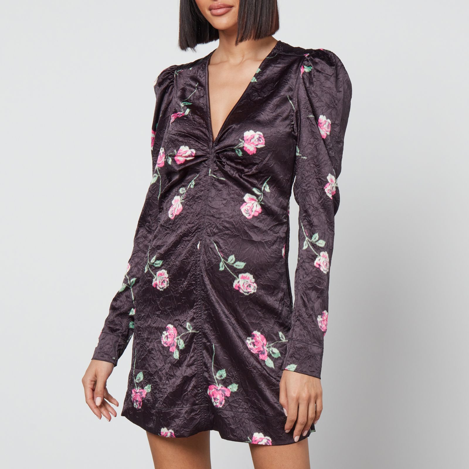 플로랄 프린트 새틴 미니 드레스 Ganni Floral-Print Crinkled Satin Mini Dress 14015734