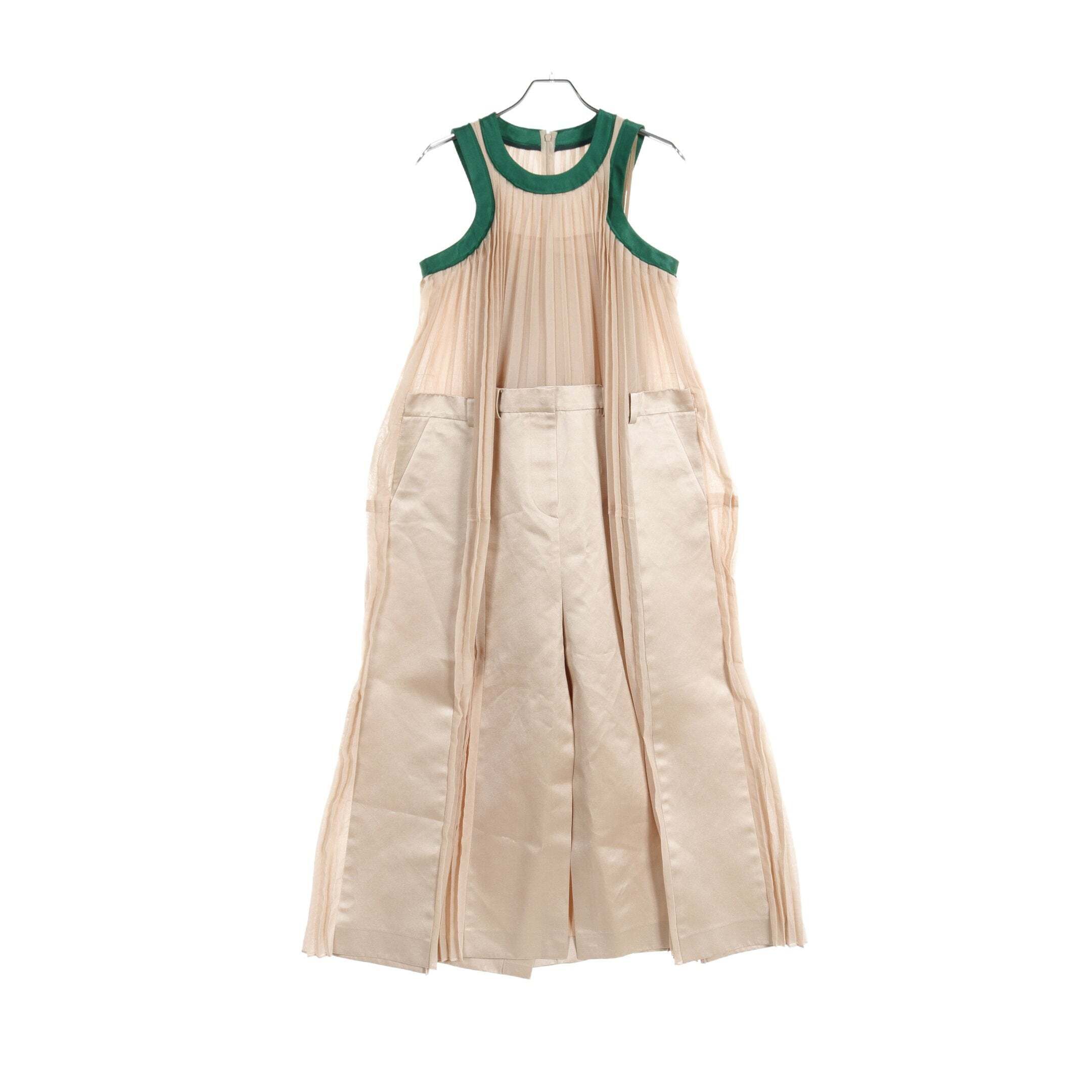 중고 여성,의류,원피스 점프수트 실크 새틴 믹스 드레스 코튼 베이지 그린 사카이  Silk Satin Mix Dress      890217
