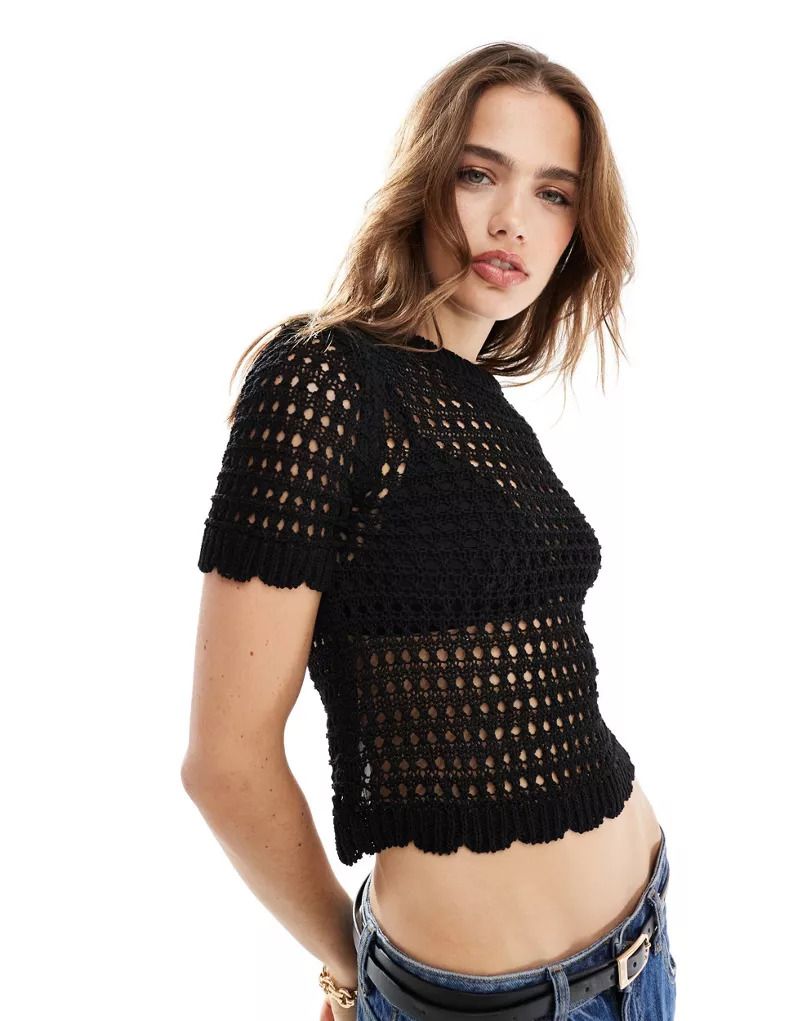 티셔츠 블랙 T-Shirt in Schwarz aus Hakelstrick 206563623SCHWARZ