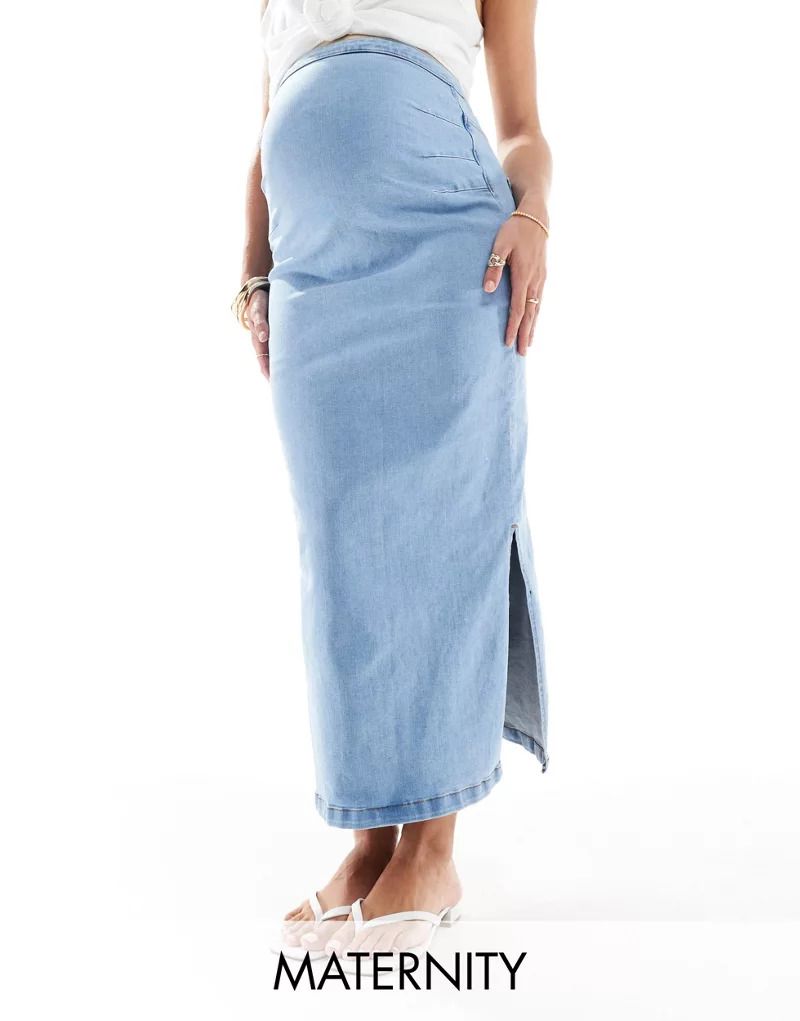 & Mamalicious Maternity   Jeansrock in mittelblauer Waschung mit Uberbauchbund und Seitenschlitzen, Umstandsmode 206337805Helles Jeansblau