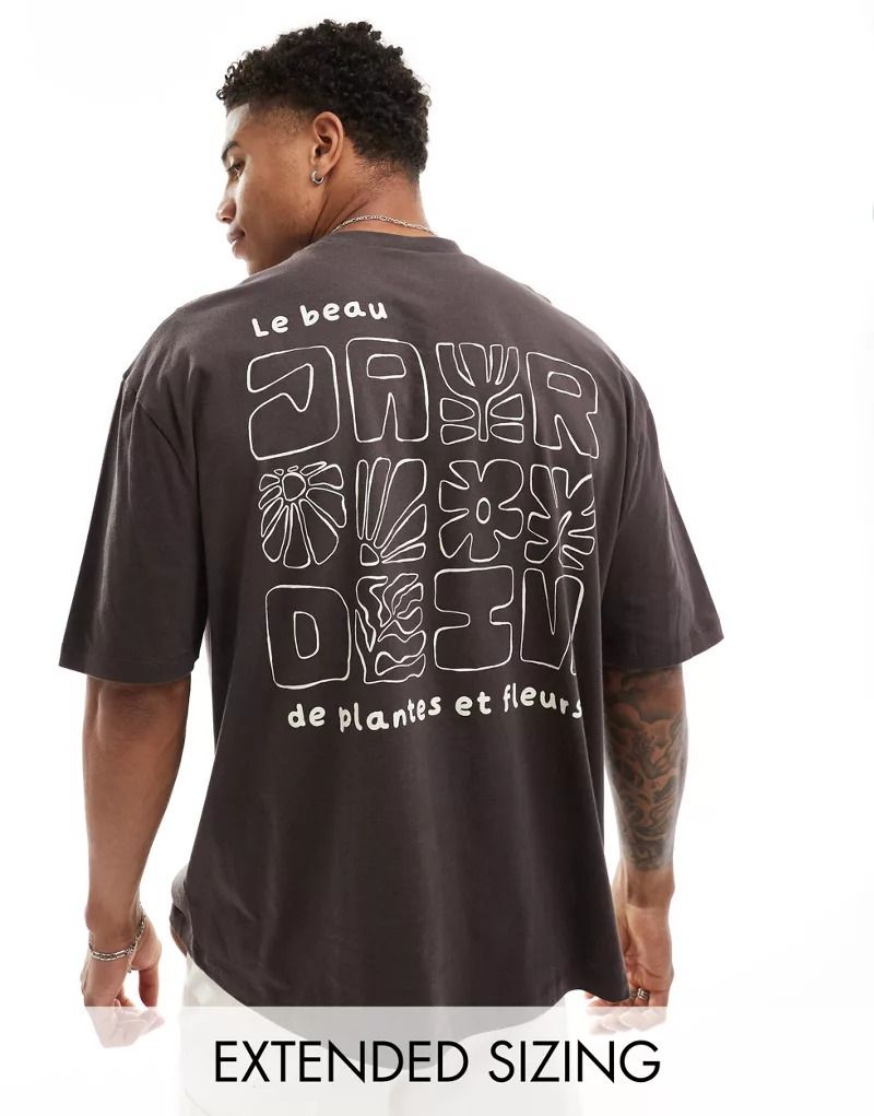 브라운 & Oversize-T-Shirt in Braun mit Blumen- und Text-Print hinten 206188140BRAUN