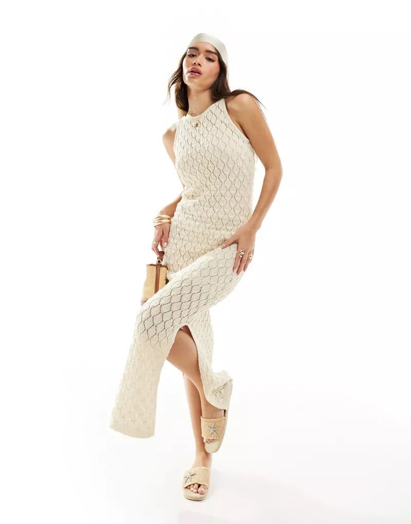 크림 Gehakeltes Maxi-Tankkleid in Creme 206517727Creme