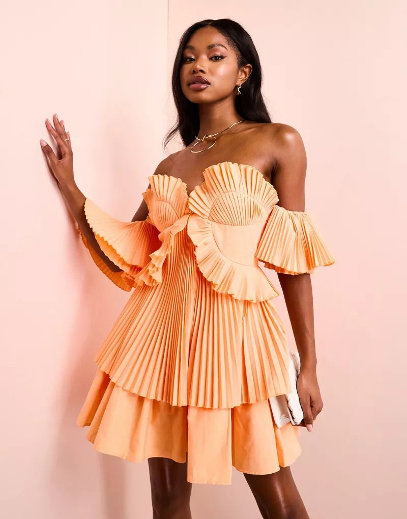 Plissiertes, tragerloses Mini-Skater-Kleid aus Baumwoll-Popeline in Apricot 206124083ORANGE