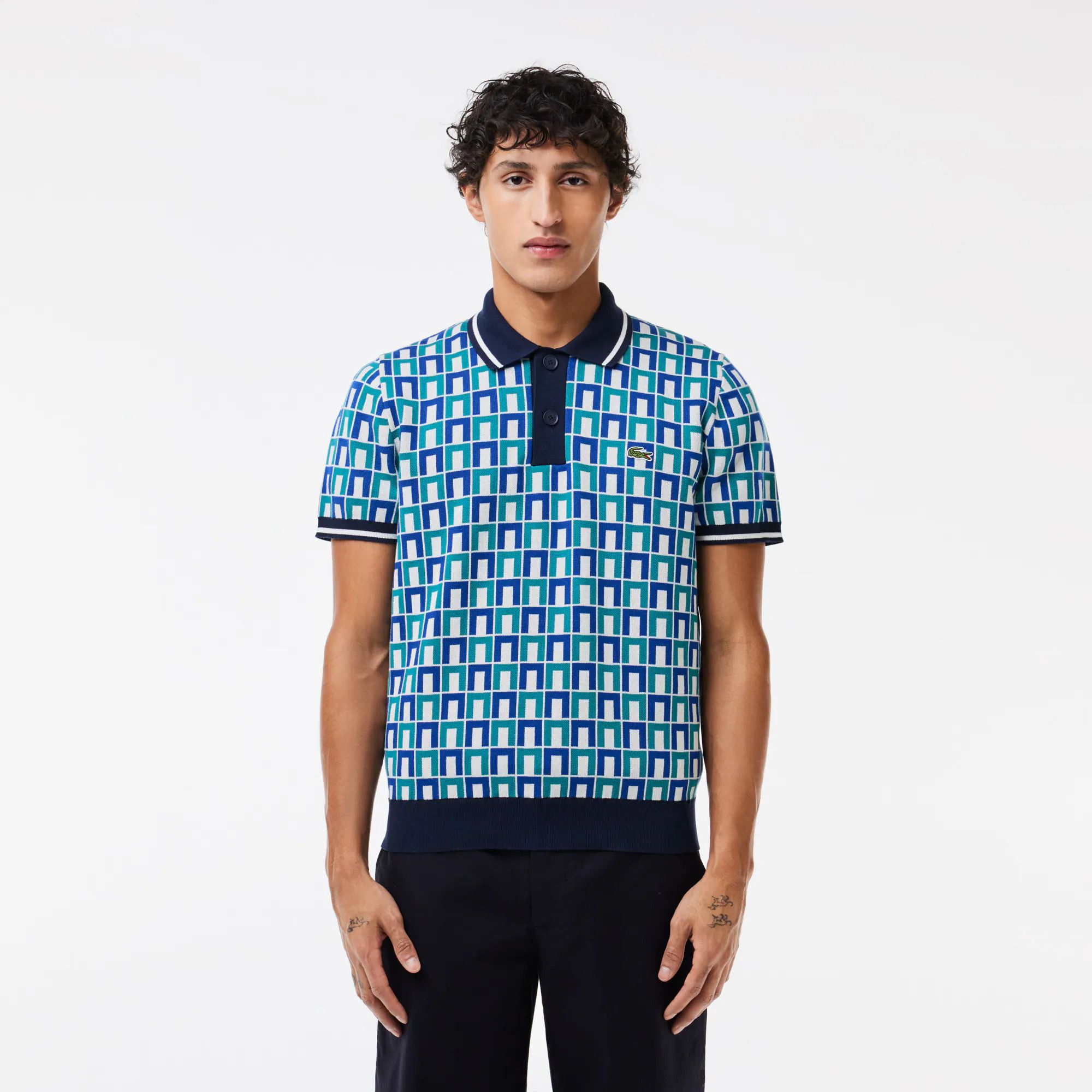 남성 그래픽 모티프 코튼 폴로 스웨터 Men's Graphic Motif Cotton Polo Sweater AH7672-51-IS8