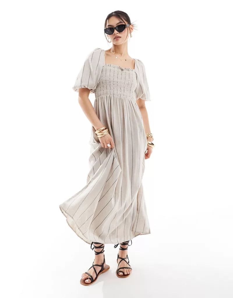 그레이 Leinenkleid in hellem Steingrau mit Puffarmeln 206540613Helles Steingrau