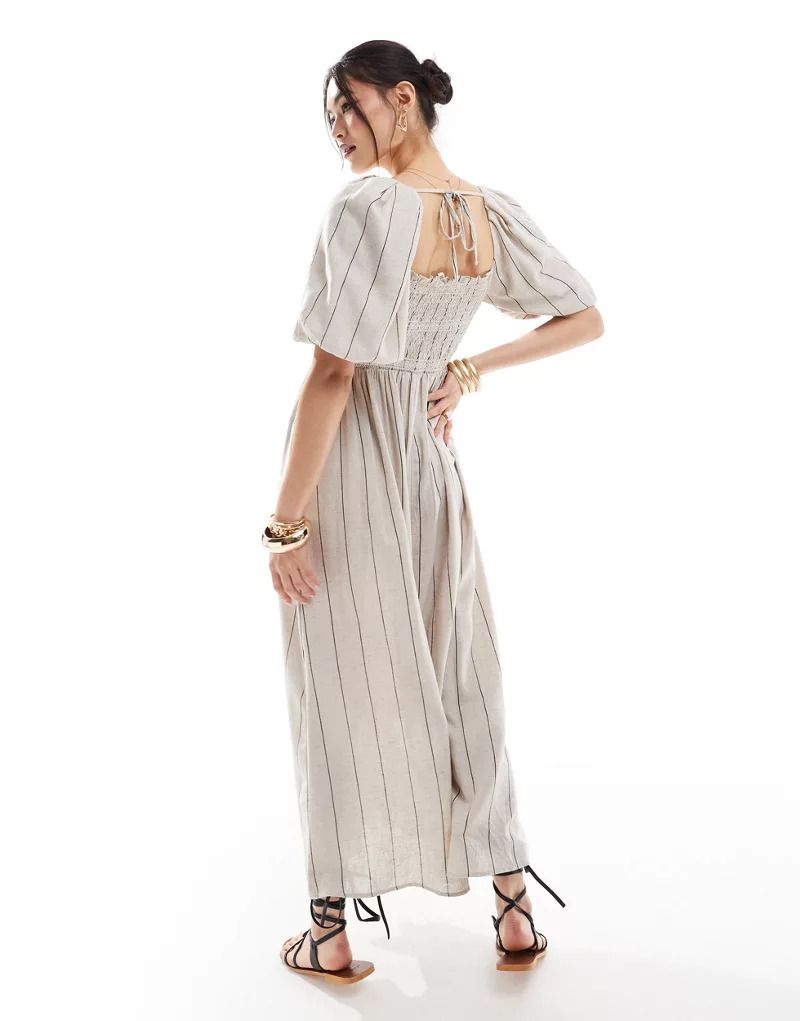 그레이 Leinenkleid in hellem Steingrau mit Puffarmeln 206540613Helles Steingrau