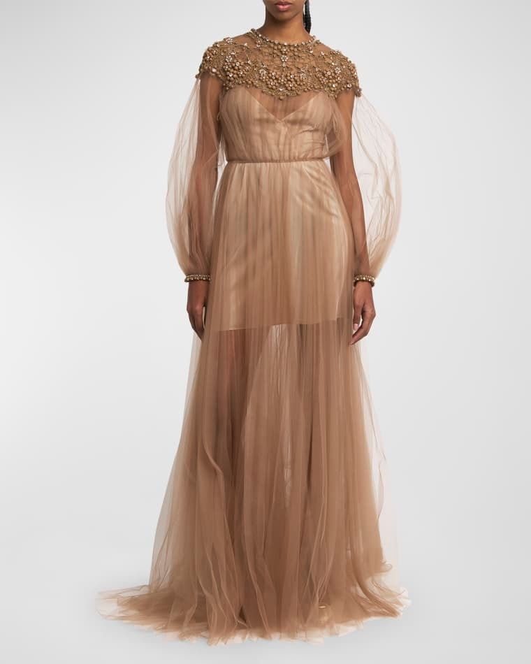 크리스탈 자수 레이스 롱슬리브 플리츠 튤 드레스 Crystal Embroidered Lace Long-Sleeve Pleated Tulle Gown prod270530029LIGHT HAZELNUT