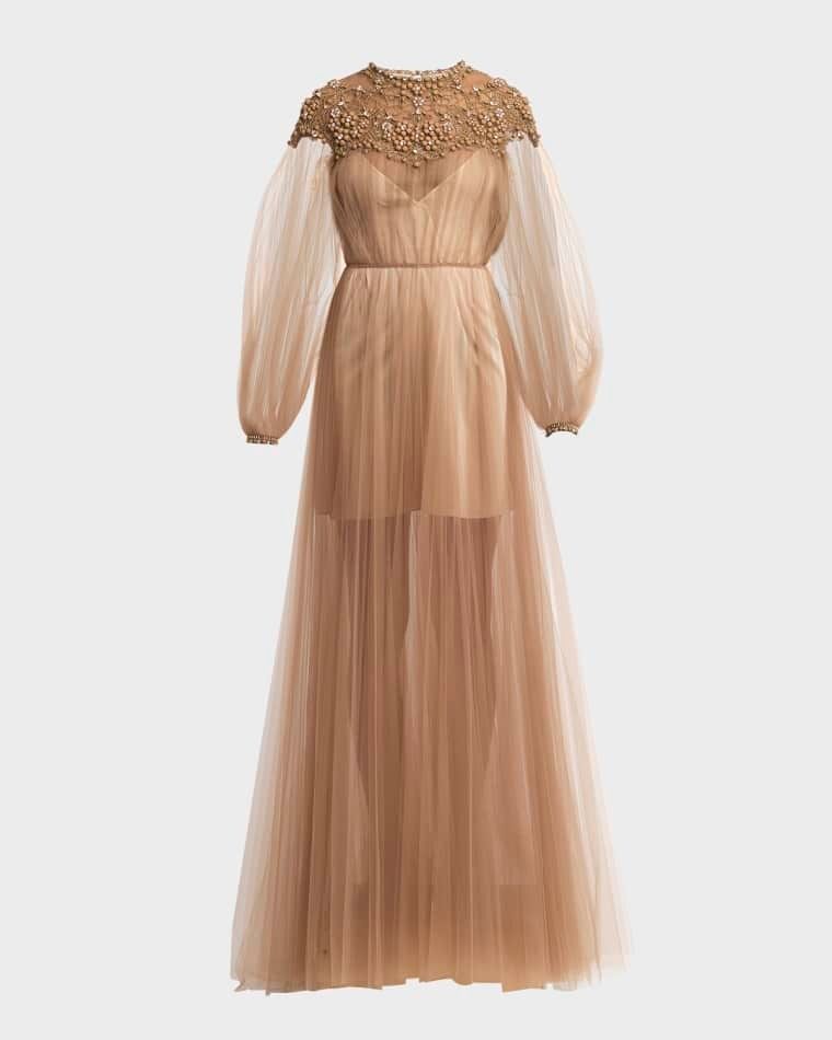 크리스탈 자수 레이스 롱슬리브 플리츠 튤 드레스 Crystal Embroidered Lace Long-Sleeve Pleated Tulle Gown prod270530029LIGHT HAZELNUT