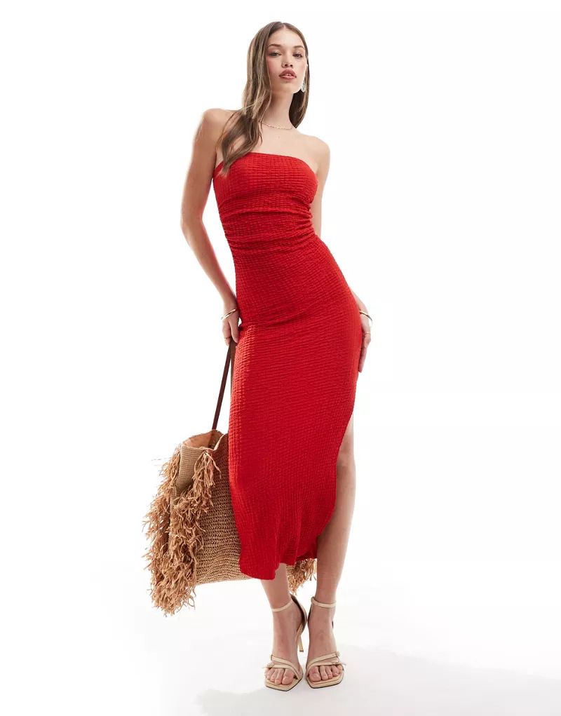 레드 Tragerloses Maxikleid in Rot mit Beinschlitz 207039755ROT