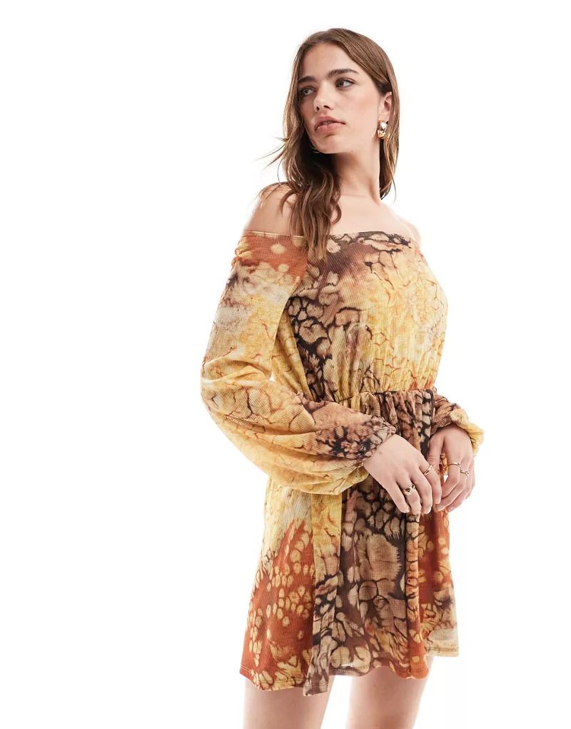 & Schwingendes, tragerloses Netzstoff-Minikleid mit Blousonarmeln und Boho-Muster 207118742Boho-Druck