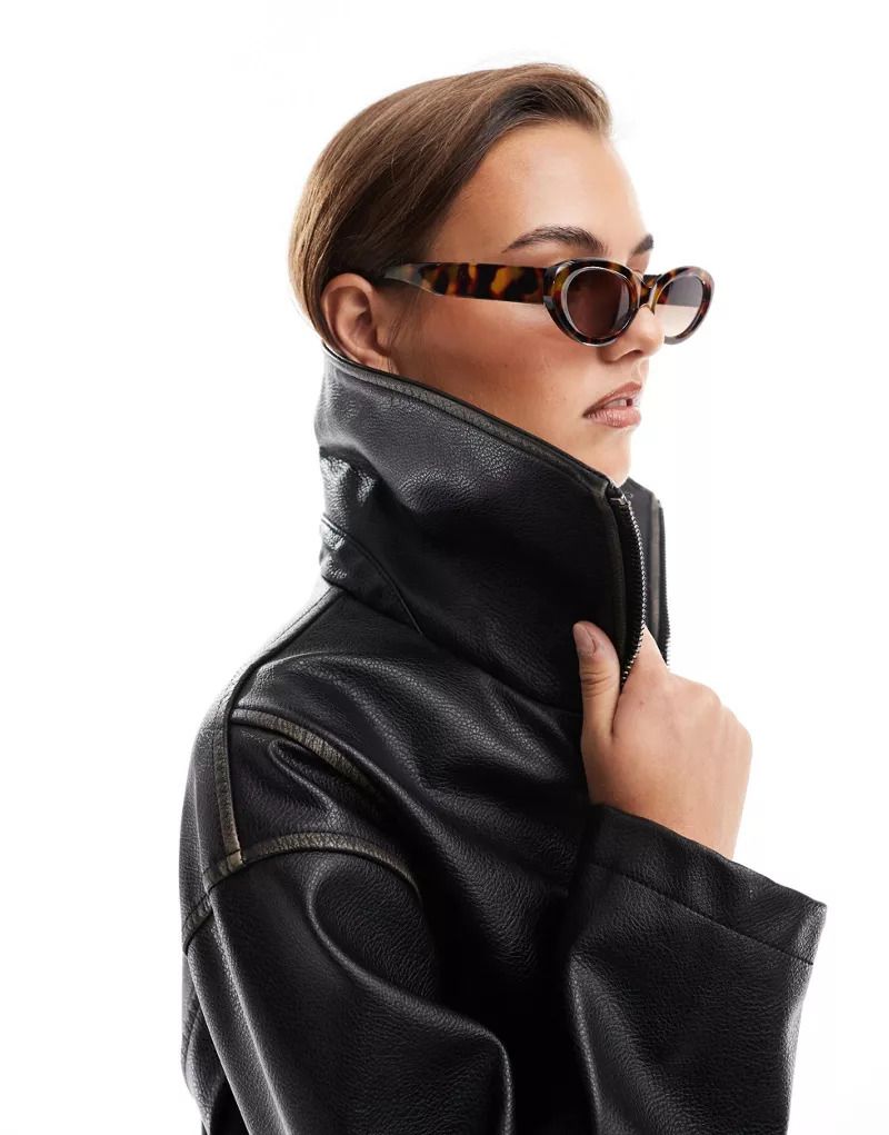 블랙 Oversize-Bikerjacke in Schwarz mit Stehkragen 206032227Schwarz