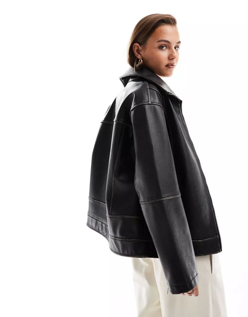 블랙 Oversize-Bikerjacke in Schwarz mit Stehkragen 206032227Schwarz