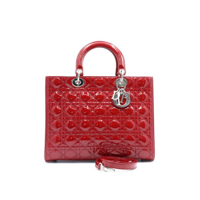 중고 CAL44561 LADY DIOR 레이디디올 클래식 라지 레드 페이턴트 까나쥬 토트백 겸 숄더백 aa24849