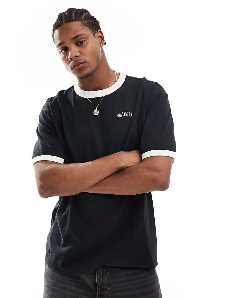 & Schweres Ringer-T-Shirt in Schwarz/Creme mit College-Logo und kastigem Schnitt 206949265Schwarz/Cremeweiß