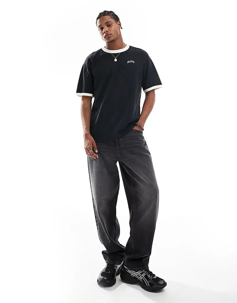 & Schweres Ringer-T-Shirt in Schwarz/Creme mit College-Logo und kastigem Schnitt 206949265Schwarz/Cremeweiß