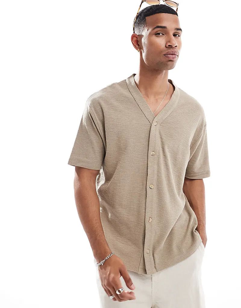 그레이 Baseball-T-Shirt in Steingrau mit Waffelstruktur 206596183Greige