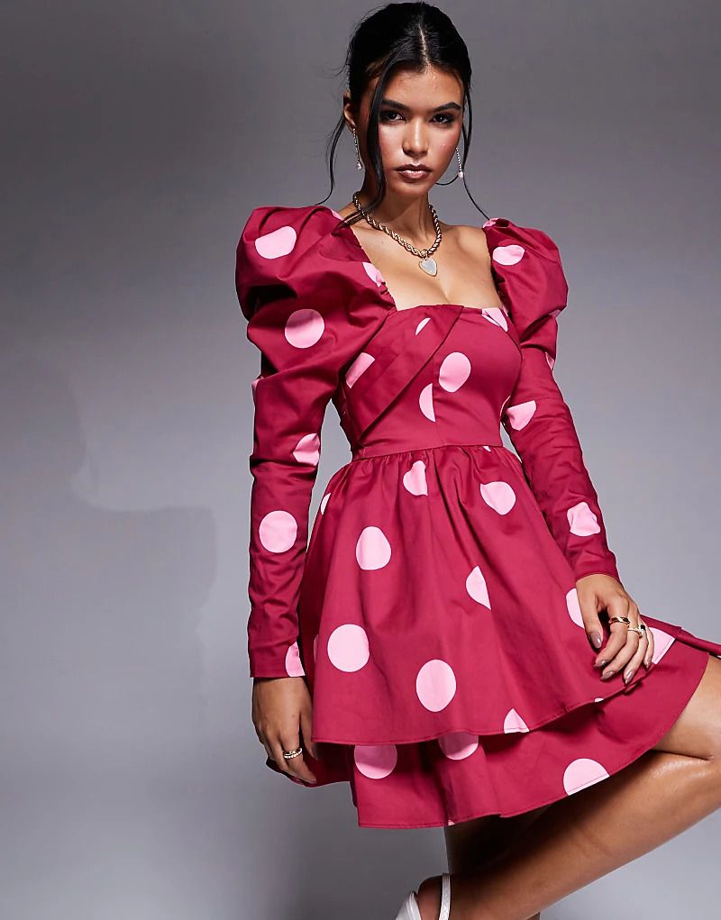 숏 Strukturiertes, kurzes Skater-Kleid aus Baumwollsatin mit Punktemuster 206598777ROT