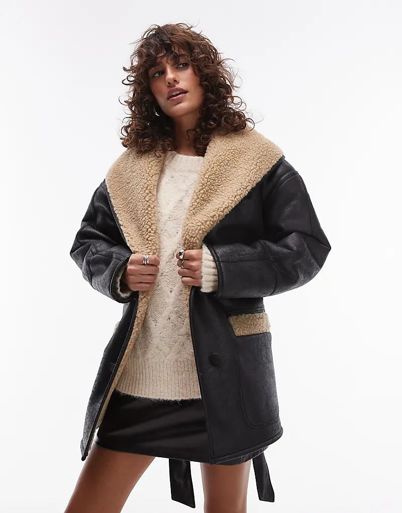 자켓 블랙 벨트 & 크림 Jacke aus Kunstleder in Schwarz mit Gurtel und Lammfellimitat in Creme 206122111Schwarz