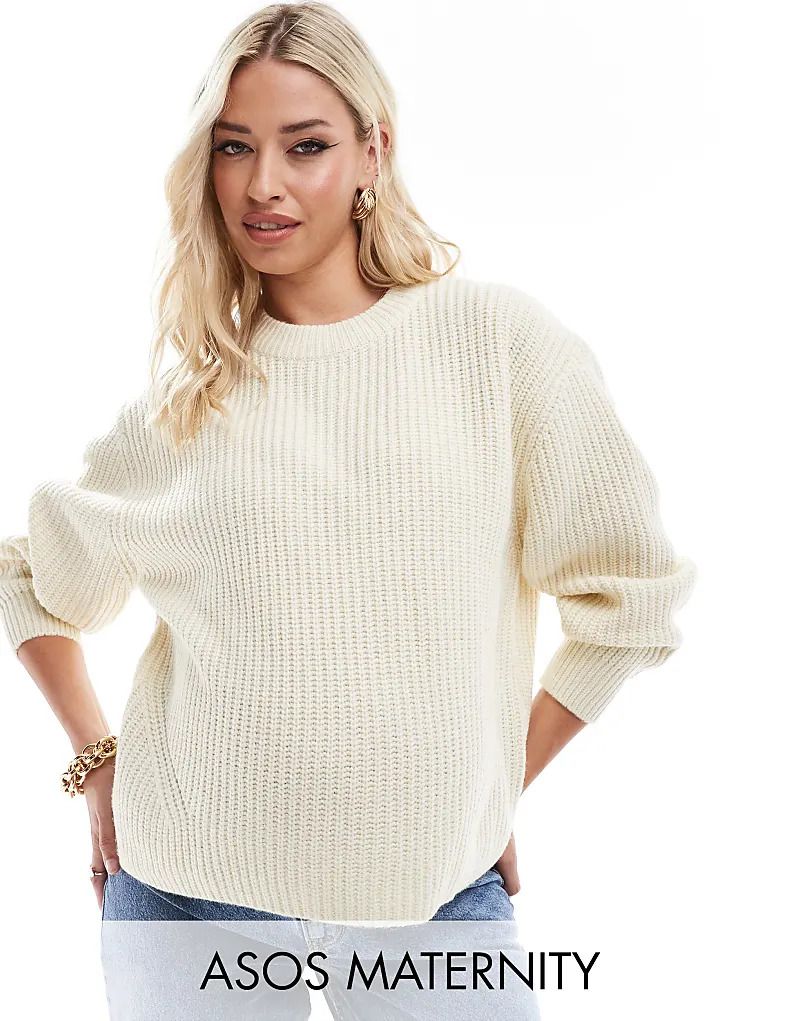 디자인 크림 ASOS DESIGN Maternity   Gerippter Grobstrickpullover in Creme mit Rundhalsausschnitt 205975781Cremefarben