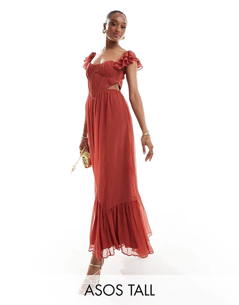 디자인 톨 핑크 & ASOS DESIGN Tall   Midi-Skaterkleid in Rosa mit Korsett, Flatterarmeln und Cut-Outs 206369590Rosépink