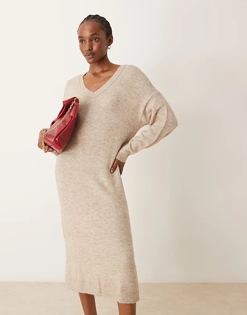 마블 v VILA   Midi-Strickkleid in Naturbeige meliert mit V-Ausschnitt 207010000Natur meliert