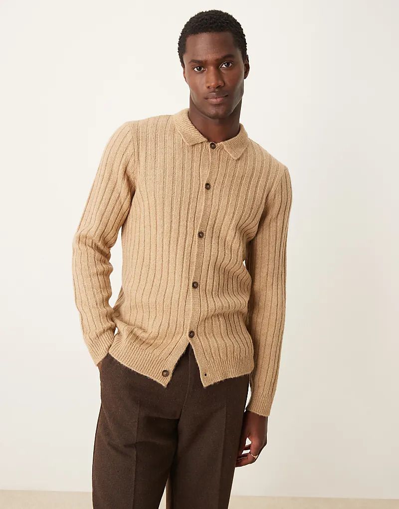 가디건 넥 카라 & Gerippte Strickjacke in Steinbeige mit Kragen und normalem Schnitt 207042534STEIN
