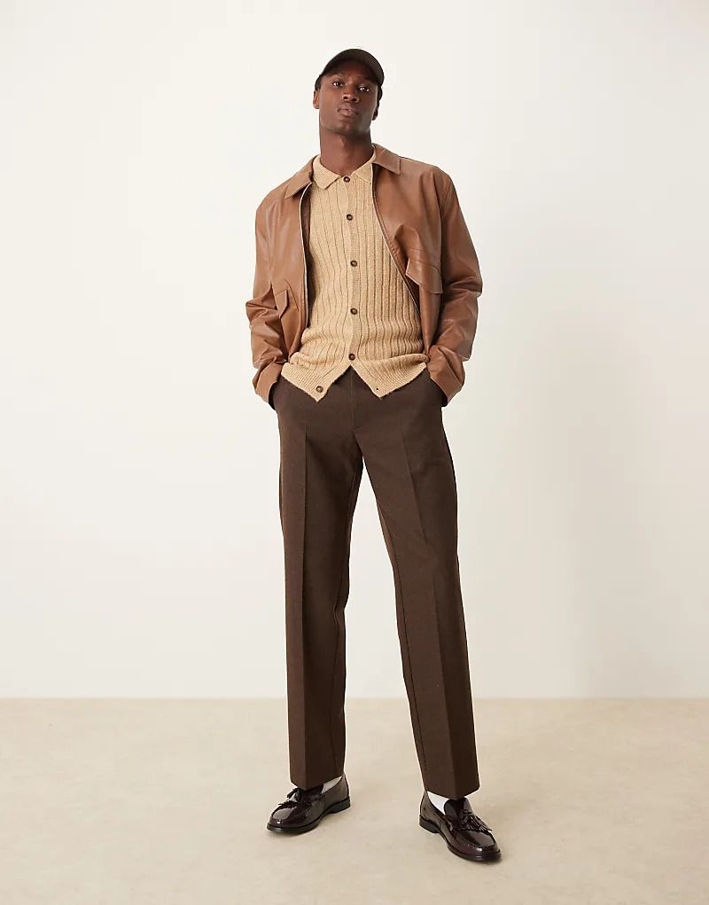 가디건 넥 카라 & Gerippte Strickjacke in Steinbeige mit Kragen und normalem Schnitt 207042534STEIN
