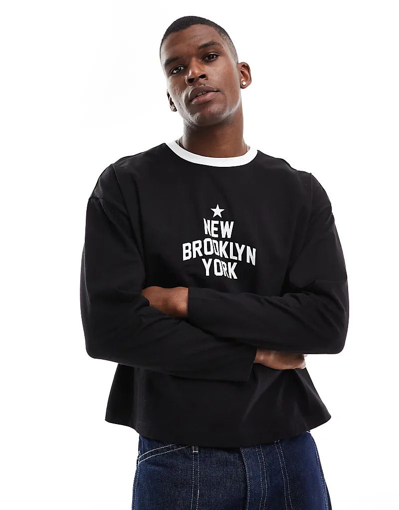 블랙 프린트 Kastiges, langarmliges Oversize-Shirt in Schwarz mit Print auf der Brust 207478323SCHWARZ